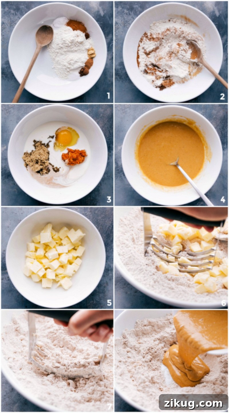 Pumpkin Scones Preparation: A Comprehensive Visual Guide from Ingredients to Mixing Visual guide to preparing the best pumpkin scone recipe, showing dry and wet ingredients being combined, and dough blending stages.