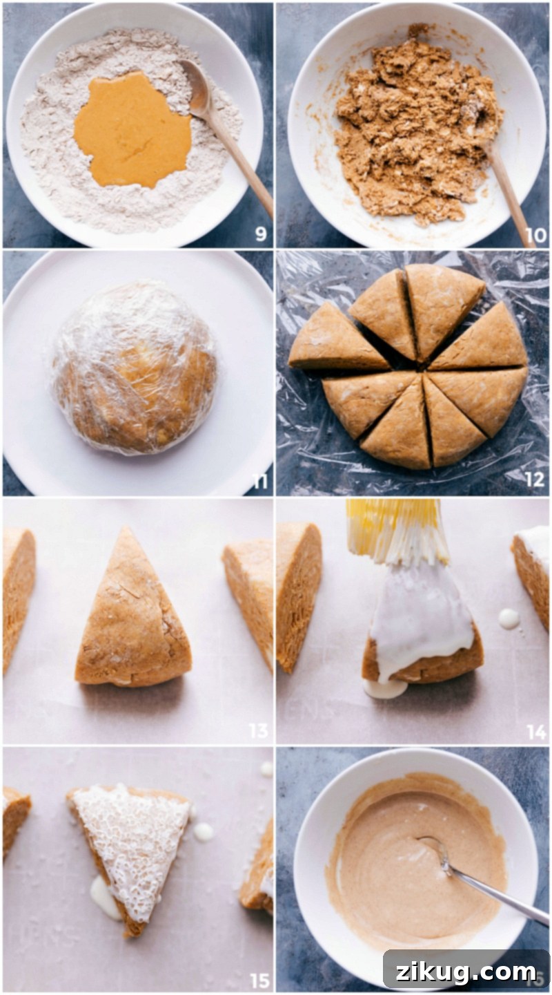 Creating Perfect Pumpkin Scones: Visual Steps for Mixing, Shaping, and Sweetening Detailed visuals of the pumpkin scone baking process: mixing, expertly shaping the dough, sugaring before baking, and finally, applying the delicious frosting.