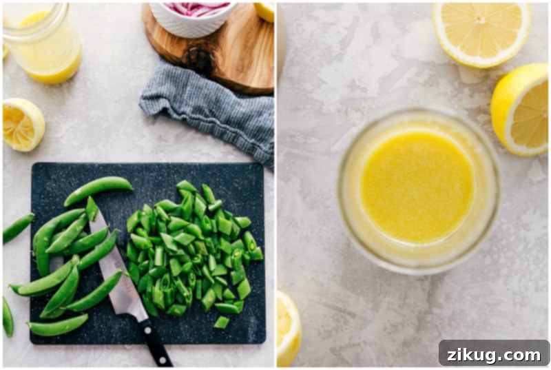 Step-by-step preparation of the fresh lemon dressing and vibrant vegetables for Spring Quinoa Salad. Process shots of Spring Quinoa Salad: making lemon dressing and preparing veggies.
