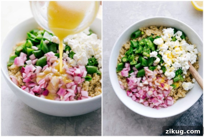 The refreshing lemon vinaigrette being generously poured over the freshly assembled Spring Quinoa Salad. Pouring zesty lemon dressing over the colorful Spring Quinoa Salad.