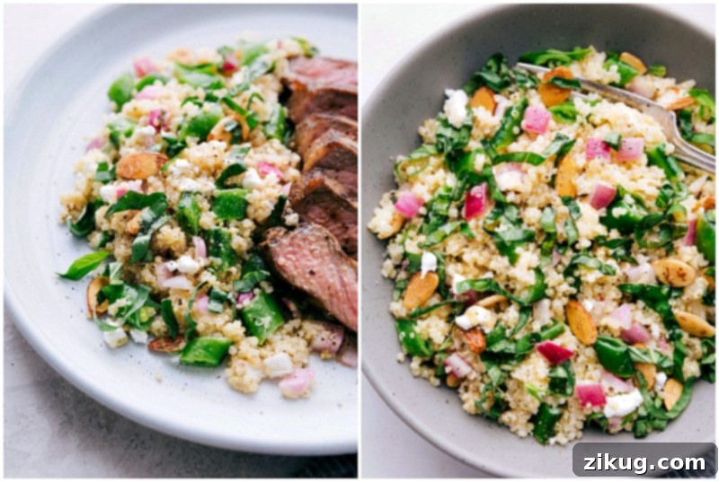 The completed Spring Quinoa Salad, colorful and ready to be served. A vibrant and refreshing finished Spring Quinoa Salad.