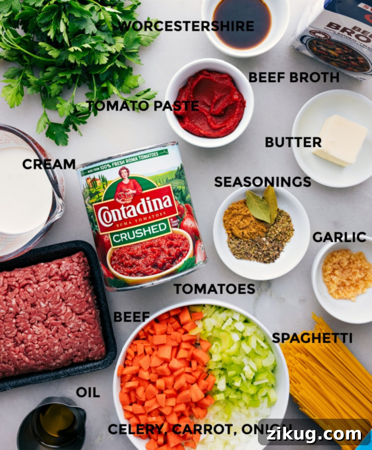 All the fresh ingredients laid out and prepped for making homemade Spaghetti Bolognese.
