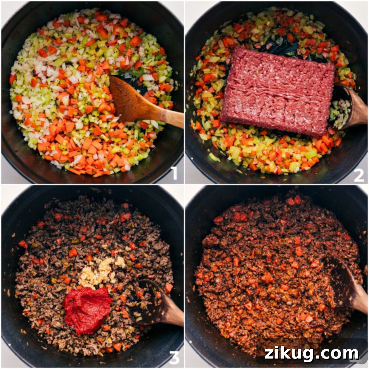 The cooking process: first sauteing vegetables, then browning ground beef, and finally adding tomato paste and garlic.