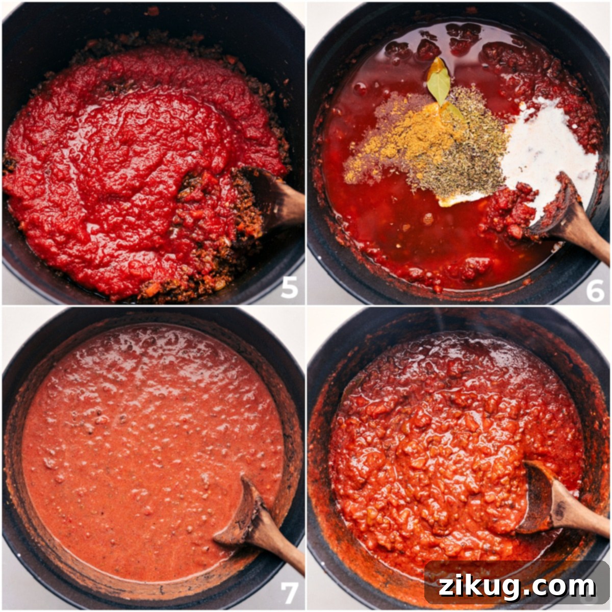 Crushed tomatoes, seasonings, and cream being stirred into the pot for this easy spaghetti bolognese.