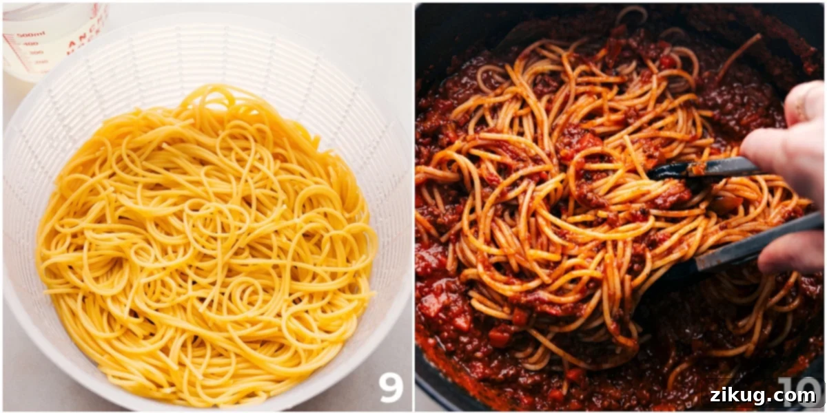 Cooked pasta being added directly into the rich Bolognese sauce and tossed.