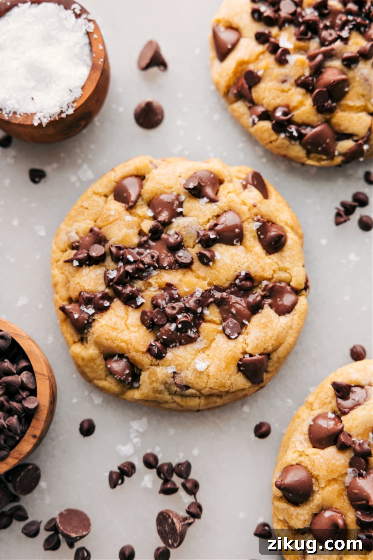 Sweet And Salty Bakery Style Chocolate Chip Cookies Freshly baked, thick bakery-style chocolate chip cookies, elegantly topped with a delicate sprinkle of flaky sea salt for a perfect sweet and salty balance.