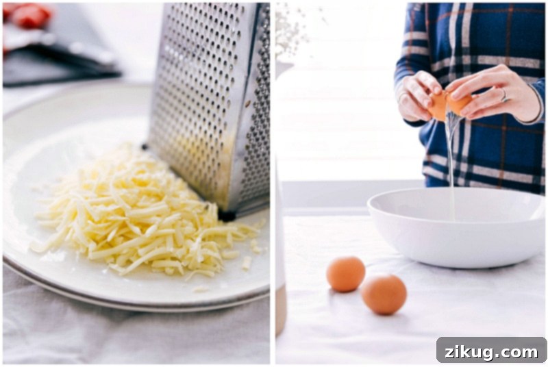Process shot showing a hand grating fresh Parmesan cheese and an egg being broken into a bowl for the ricotta filling.