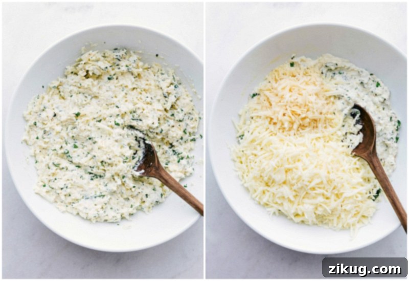 Cheese and ricotta mixture being combined in a mixing bowl with a spoon, highlighting the creamy texture.