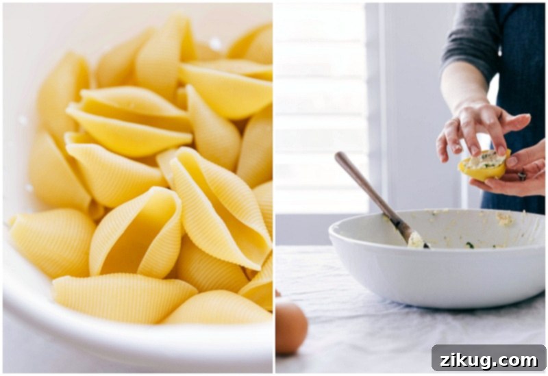 Cheese mixture being expertly piped into jumbo pasta shells using a piping bag, arranged neatly in a baking dish.