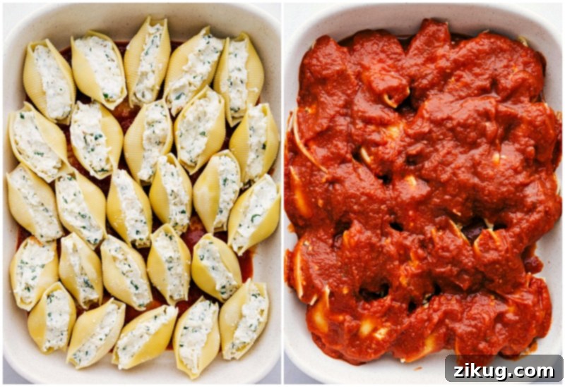 Stuffed shells layered neatly in a baking dish, completely covered with rich red marinara sauce, ready for the oven to bake.