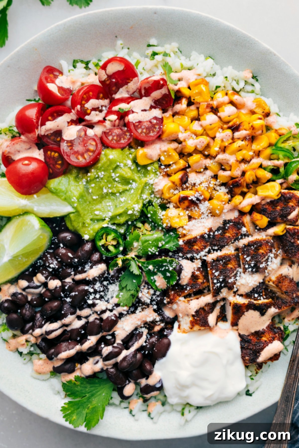 This Burrito Bowl Recipe Is The Perfect Meal Prep A beautifully arranged meal-prepped chicken burrito bowl, featuring compartments for cilantro-lime rice, black beans, corn, fresh guacamole, diced tomatoes, and a small container of chili-lime sauce, ready for a healthy meal.