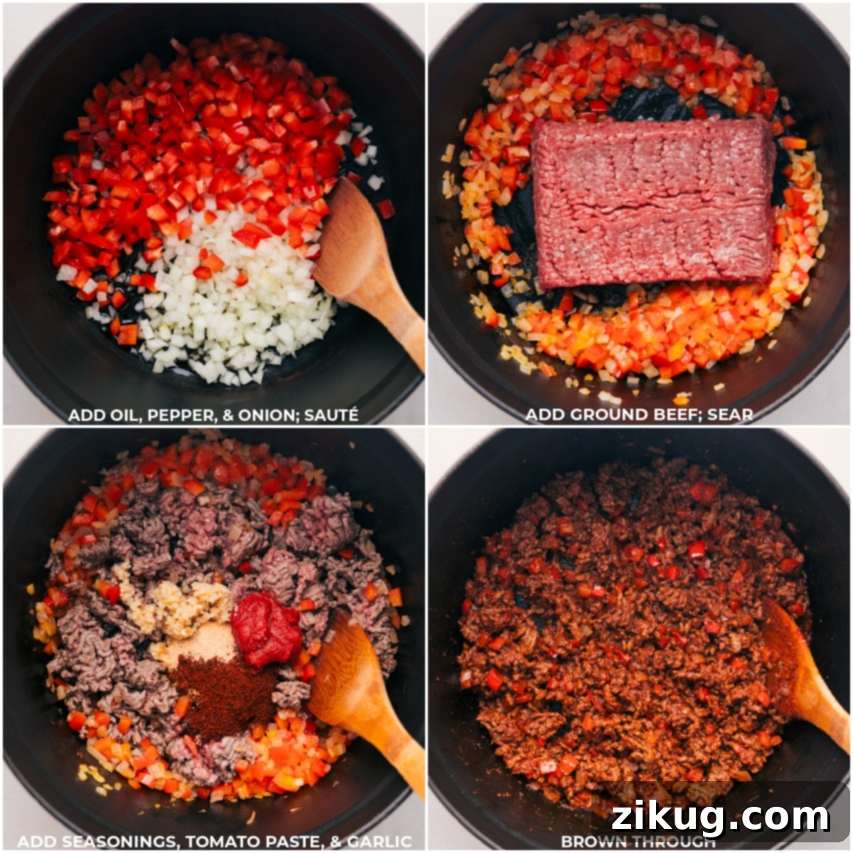 Building the Flavorful Base for One-Pot Taco Spaghetti Olive oil heating in a large pot, followed by the addition of finely diced red pepper and yellow onion, then lean ground beef, minced garlic, tomato paste, and a blend of savory seasonings, all sizzling together to form the rich foundation of this Taco Spaghetti.