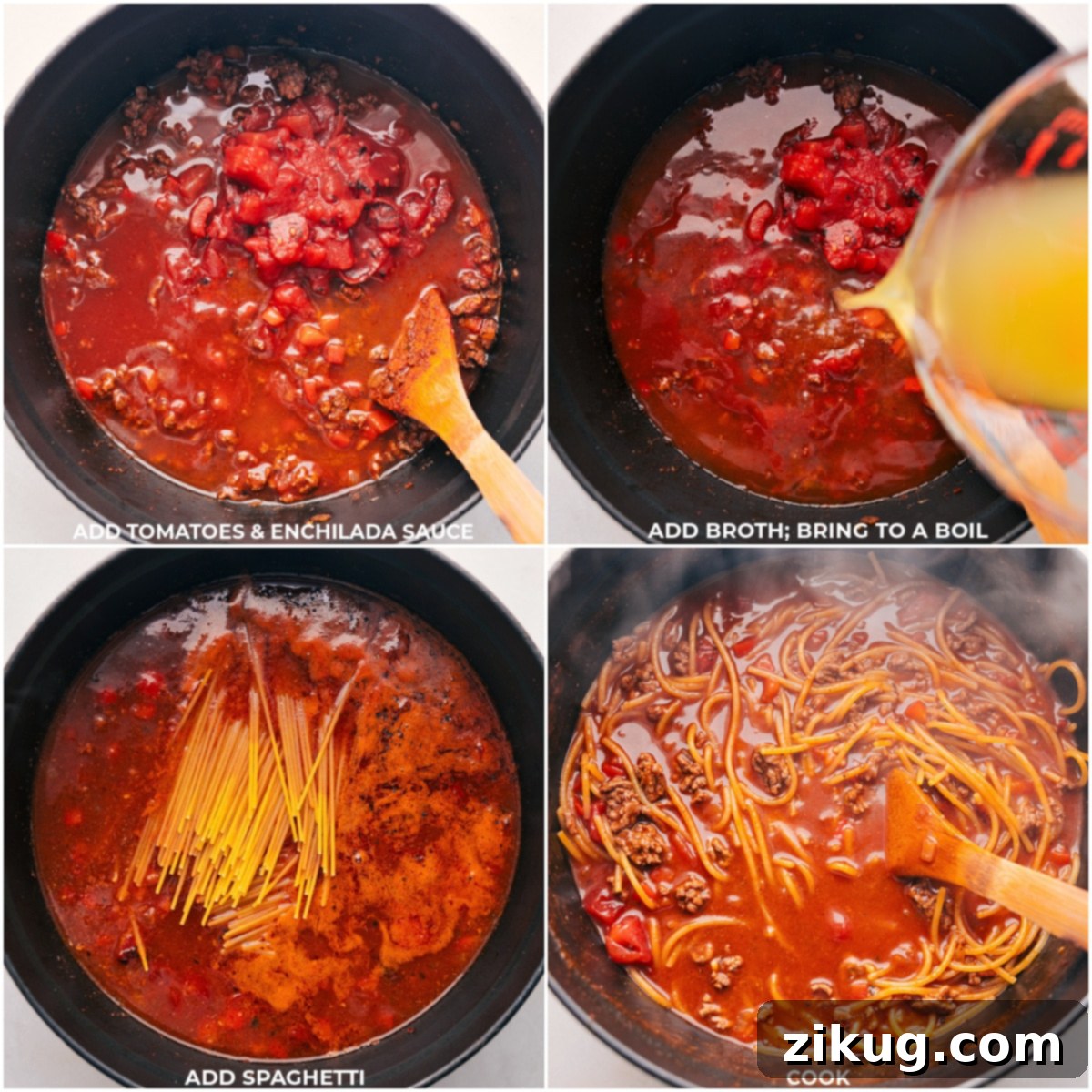 Combining the Core Ingredients for Hearty Taco Spaghetti The cooking process for our favorite Taco Spaghetti, showing diced tomatoes, red enchilada sauce, and chicken broth being combined with the browned ground beef and seasonings, followed by the addition of spaghetti noodles into the simmering pot.