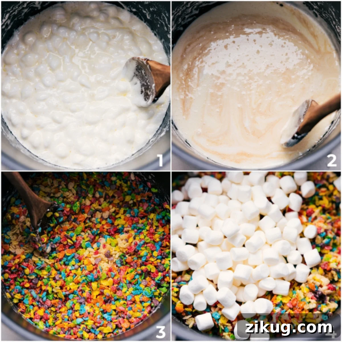 Melting butter and marshmallows, then adding Fruity Pebbles and more marshmallows to create the treat mixture in a large pot.
