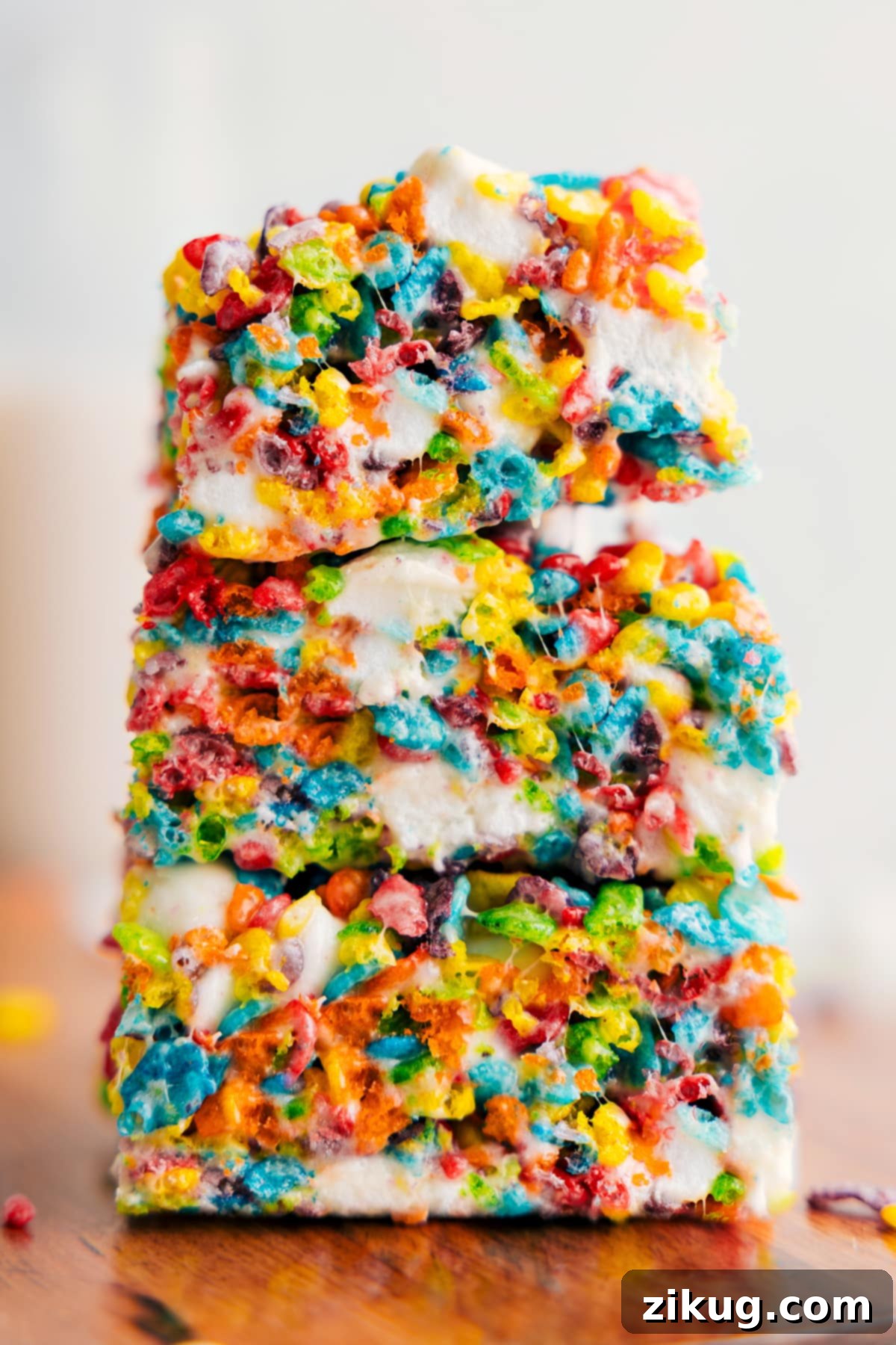 Close-up of gooey, colorful Fruity Pebble Rice Krispies Treats cut into squares, stacked and ready to eat.