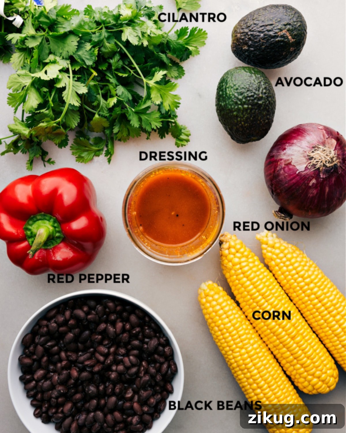 Ingredients In Black Bean Corn Avocado Salad All the ingredients in this recipe prepped for easy assembly.