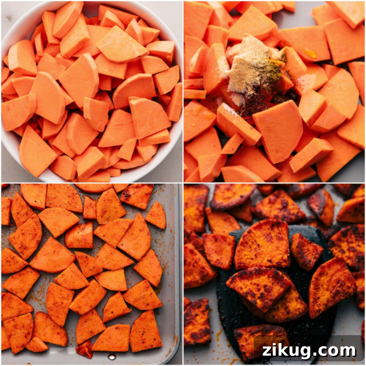 How to Make the Best Roasted Sweet Potatoes for Healthy Power Bowls Perfectly seasoned sweet potato slices spread out on a baking sheet, glistening with olive oil and spices, ready for roasting to achieve peak tenderness and caramelization for the BBQ chicken bowls.