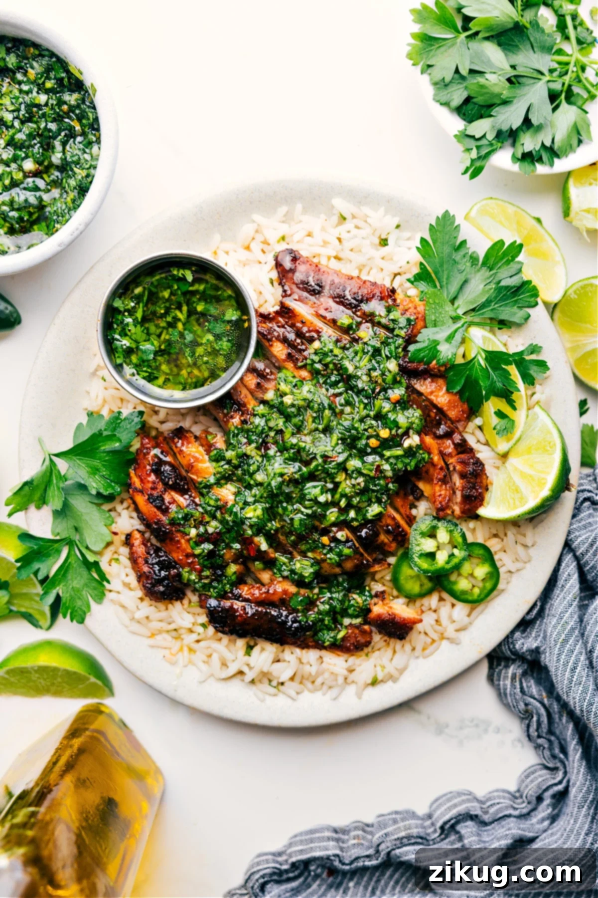 Juicy And Flavorful Chimichurri Chicken Chimichurri Chicken on a bed of rice, topped with fresh chimichurri sauce and ready to be enjoyed.