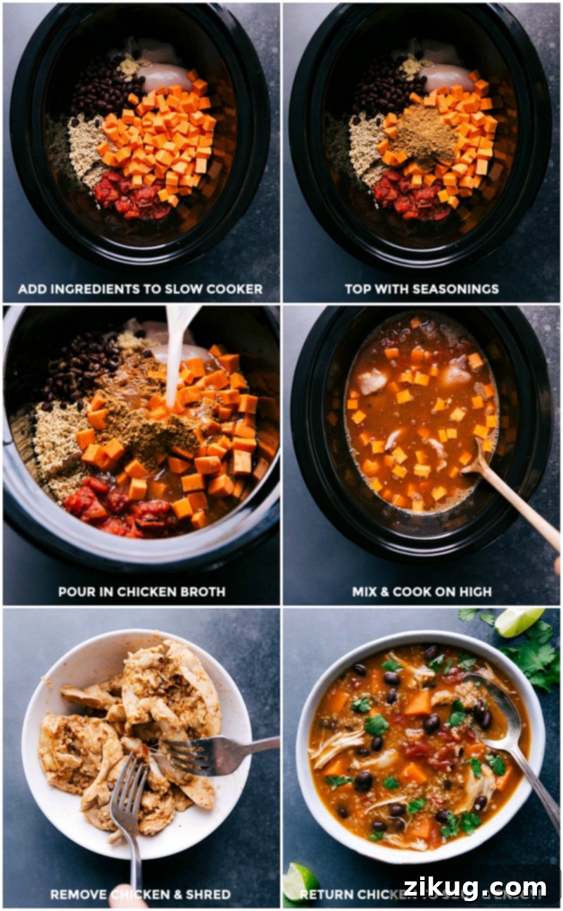 Cooking Chicken Sweet Potato Soup in Slow Cooker All the fresh ingredients, including chicken, sweet potatoes, black beans, and quinoa, being added to a slow cooker, with a separate image showing cooked chicken being shredded and returned to the pot.