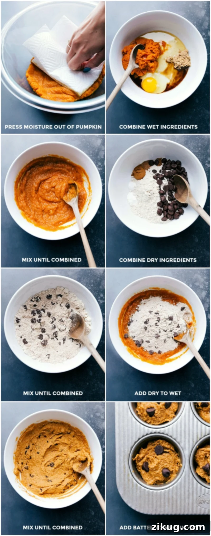 Preparing Healthy Pumpkin Muffins: Mixing and Filling Muffin Tin Combining wet and dry ingredients for the healthy pumpkin muffin recipe, then filling a prepared muffin tin.