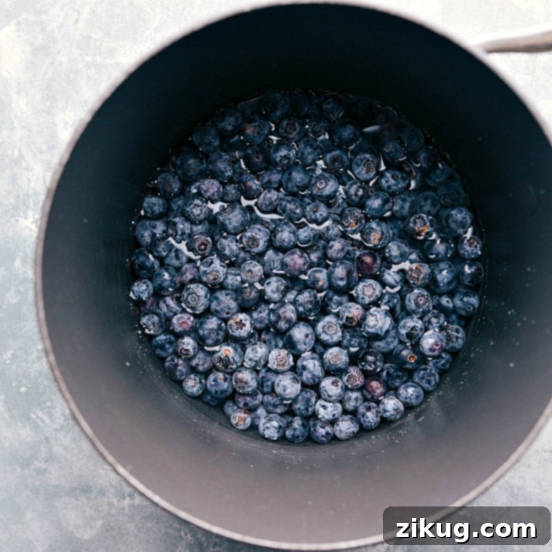 Blueberry Syrup Fresh berries being added to a sauce pan.