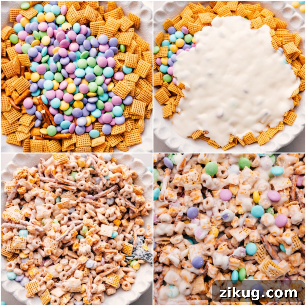All ingredients are combined in a large bowl, coated with melted white chocolate, and then spread onto a sheet pan to harden, demonstrating the simple preparation of Bunny Bait.