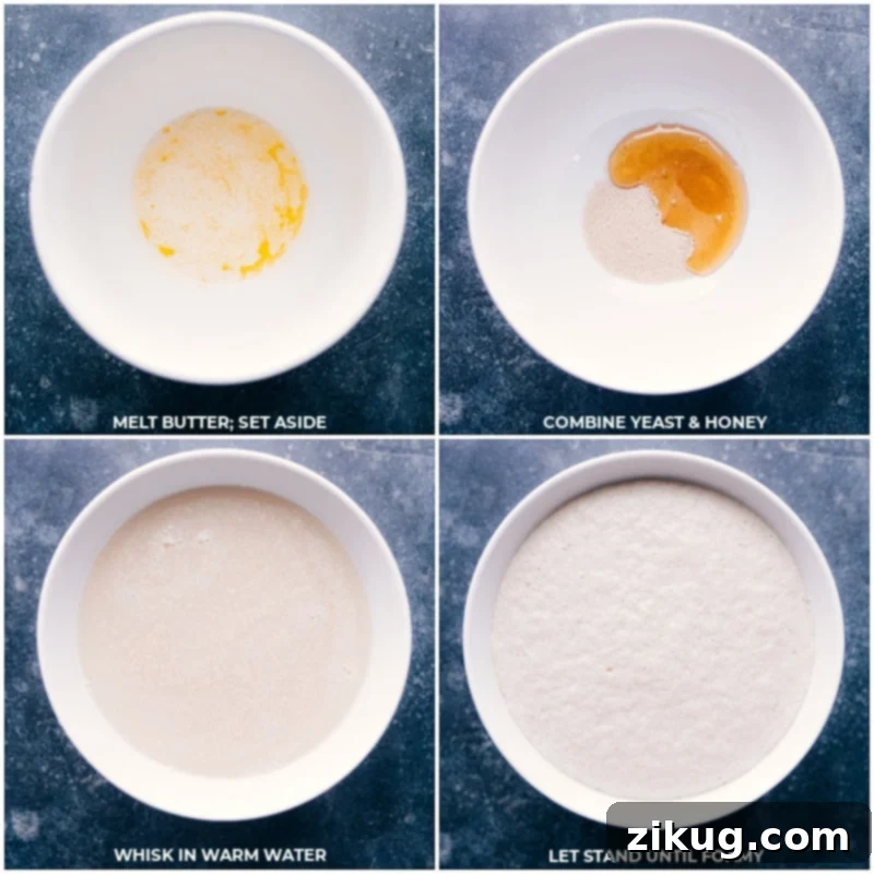 Process shots showing yeast, honey, and warm water being combined in a bowl to proof for making no-knead dinner rolls