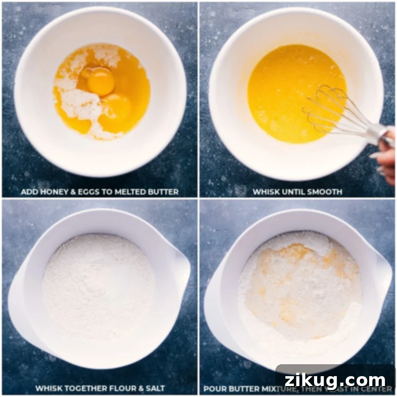 Process shots showing honey, eggs, melted butter, flour, and salt being added to a bowl, ready to be mixed for no-knead dinner rolls