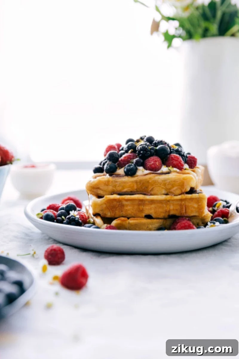 Our All-Time Favorite Crispy & Fluffy Waffle Recipe! Stack of golden-brown waffles with fresh berries and whipped cream on top, with syrup drizzling down the sides.