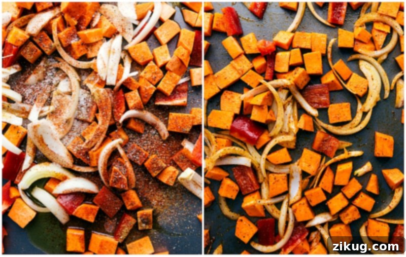 Peppers, sweet potatoes and onions with spices being roasted on a baking sheet.