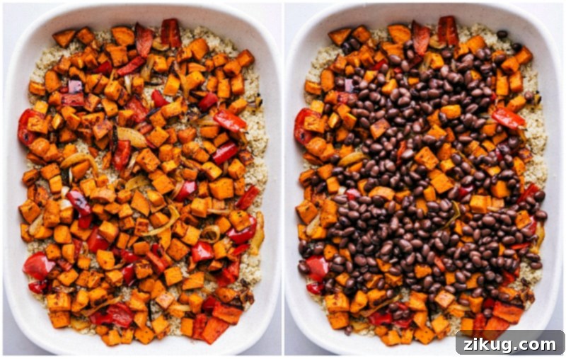 Cooked quinoa, roasted vegetables, and beans being added to a casserole dish.