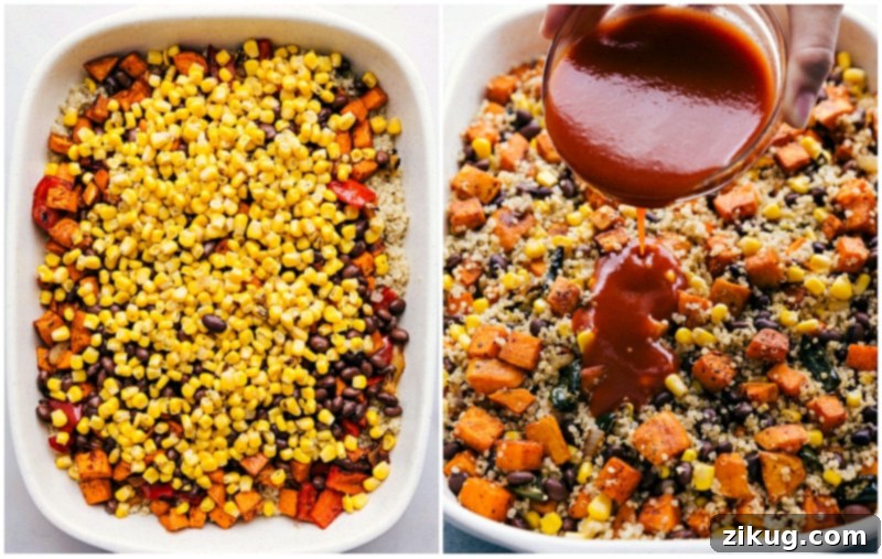 Corn being added and enchilada sauce being poured over top of the casserole.
