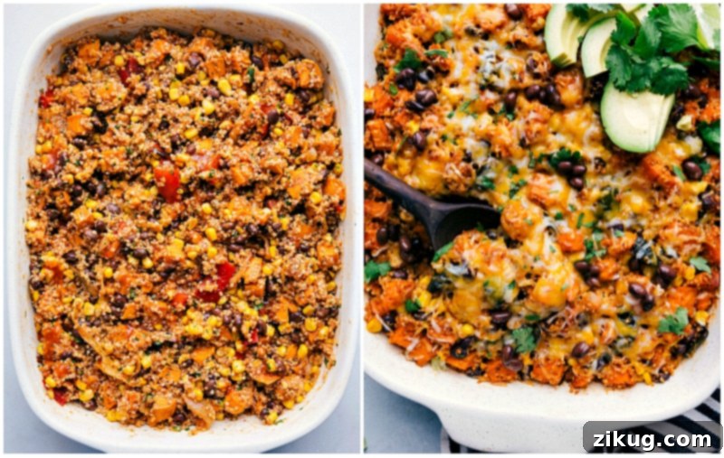 Quinoa Enchilada Bake: everything mixed and assembled, followed by the finished shot.