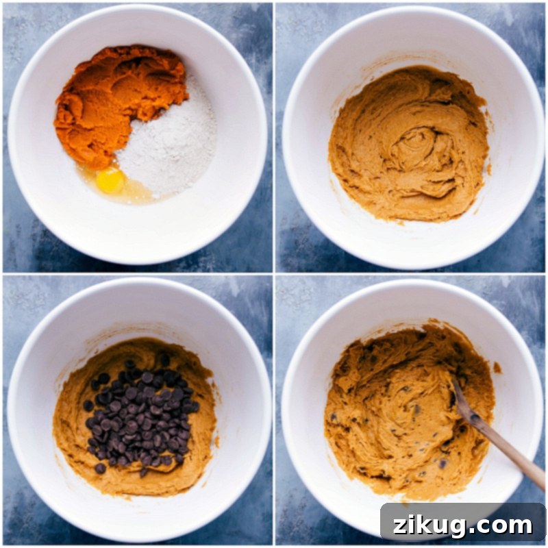 Close-up of a mixing bowl with cake mix pumpkin cookie dough, showing the ingredients expertly combined and ready for the next step.