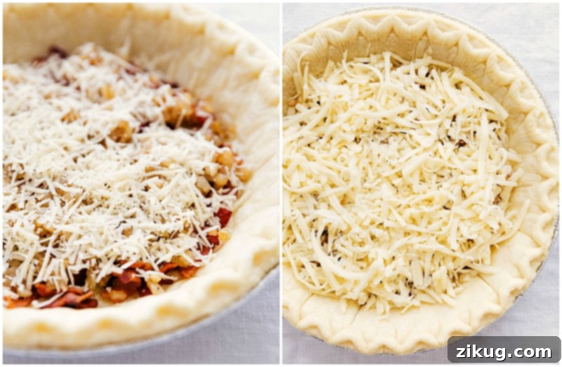 The Best Quiche Lorraine with Quality Ingredients Freshly grated Parmesan and Swiss cheese being sprinkled generously over the bacon and onion mixture in a frozen pie crust.
