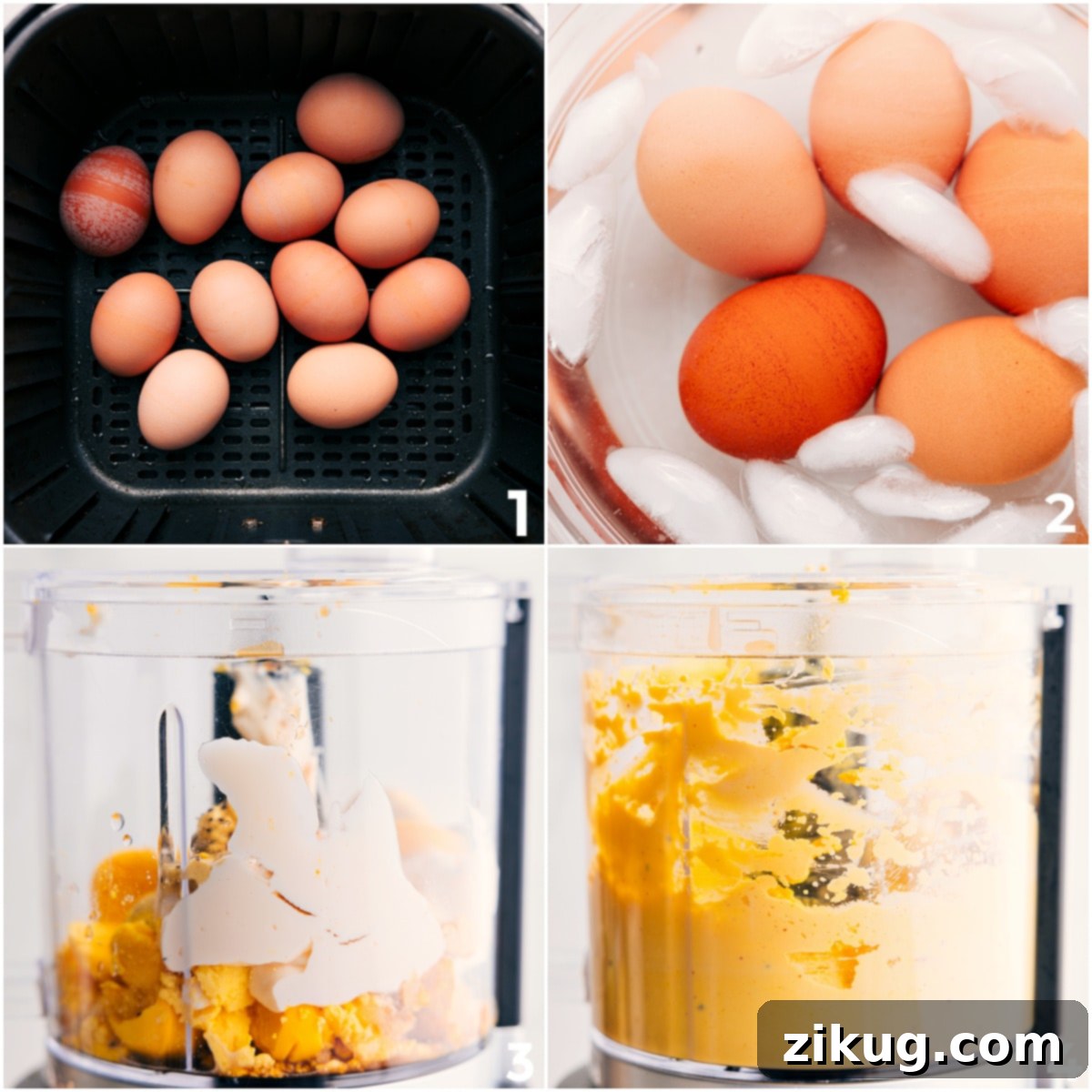 Air fry the eggs, then blend them with the other ingredients for this deviled eggs recipe.
