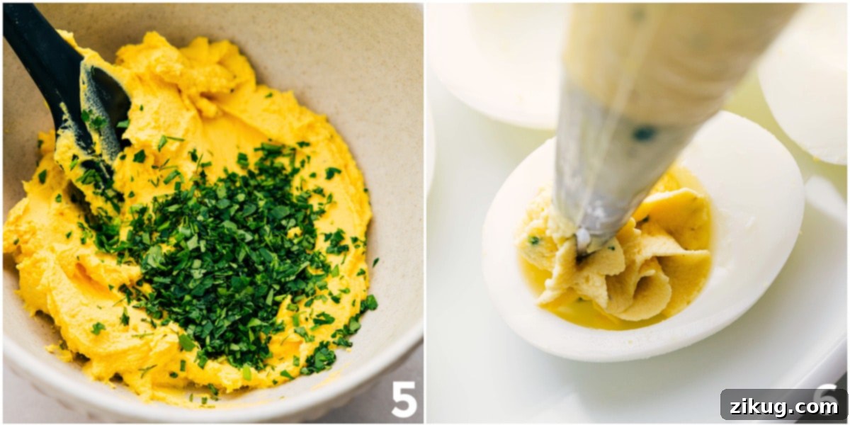 Mix fresh herbs into the mixture, then pipe it into the egg.