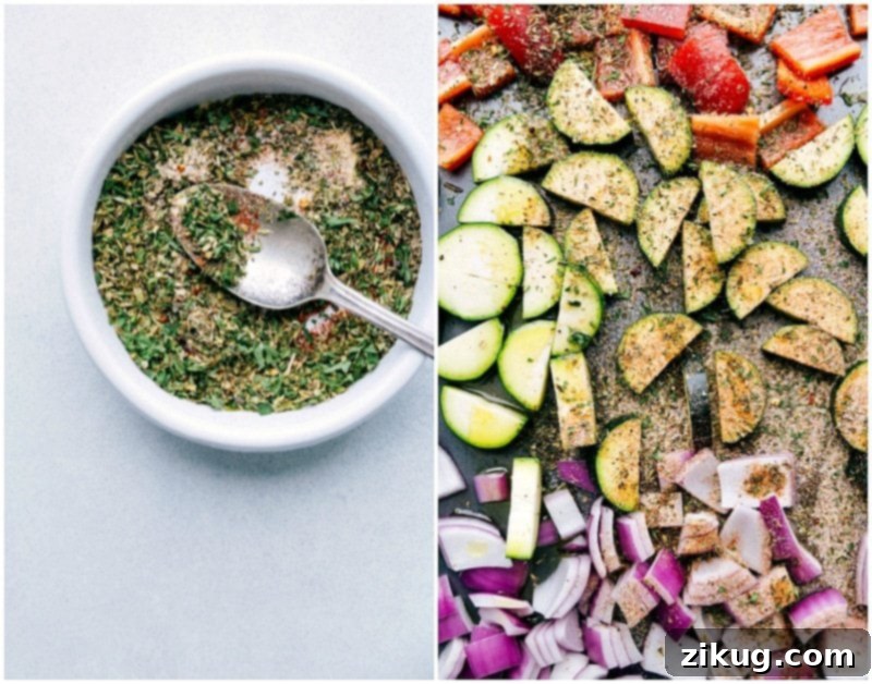 Italian seasoning mix being sprinkled evenly over raw, chopped vegetables and gnocchi on a sheet pan before baking.