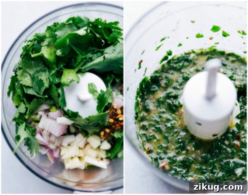 Ingredients for the vibrant green cilantro-herb sauce blended together in a food processor, ready to be drizzled over the baked gnocchi.