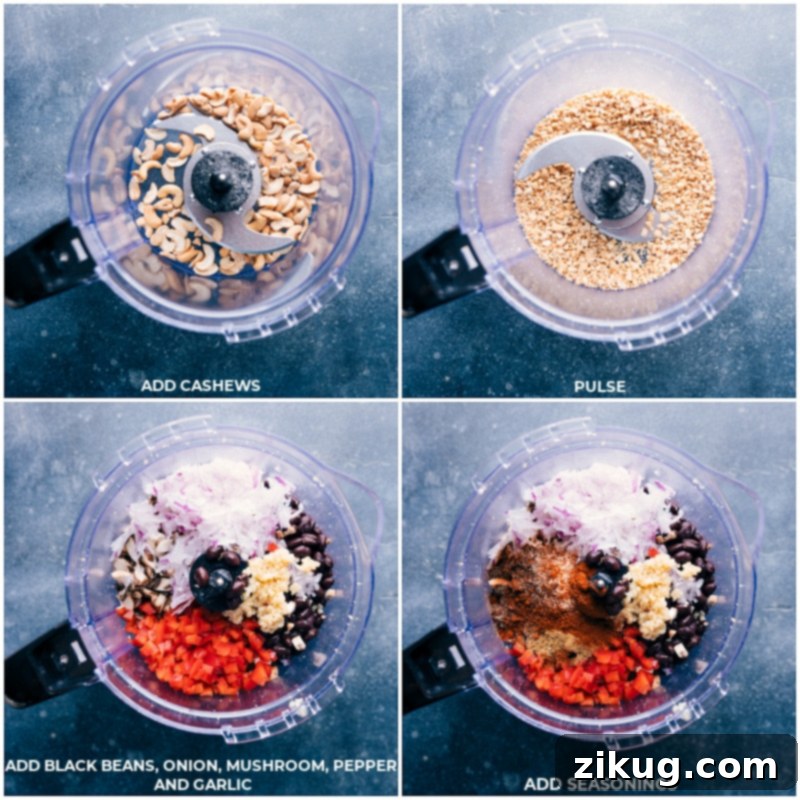 A close-up view of various fresh ingredients including cashews, black beans, diced onion, chopped mushrooms, bell pepper, and garlic, along with a selection of spices, being carefully added to a food processor in preparation for making black bean burgers.