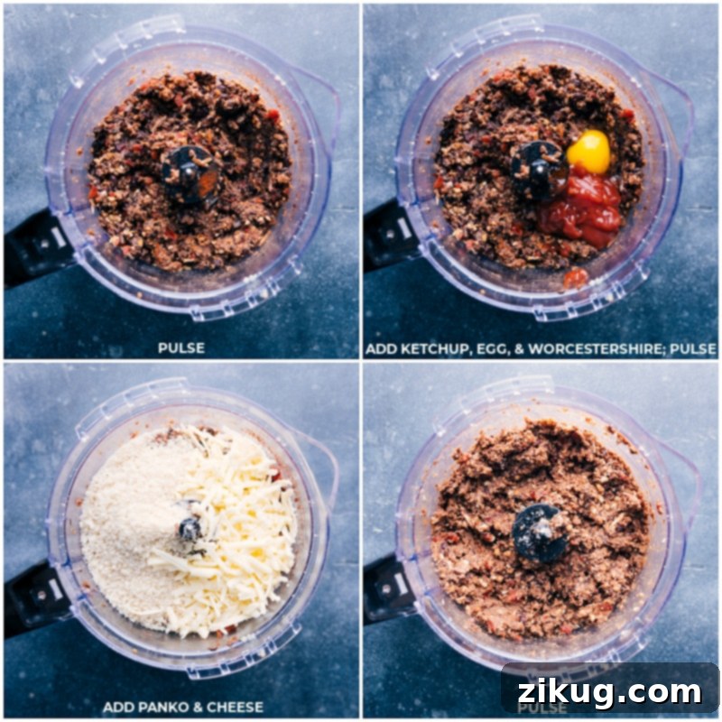 A food processor bowl with a mixture of finely chopped vegetables and black beans, to which ketchup, a cracked egg, Worcestershire sauce, panko breadcrumbs, and shredded cheese are being added to blend for the black bean burger recipe.