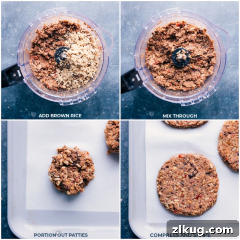 A close-up of the black bean burger mixture, featuring visible brown rice grains, being hand-shaped into uniform patties on a baking sheet lined with parchment paper.