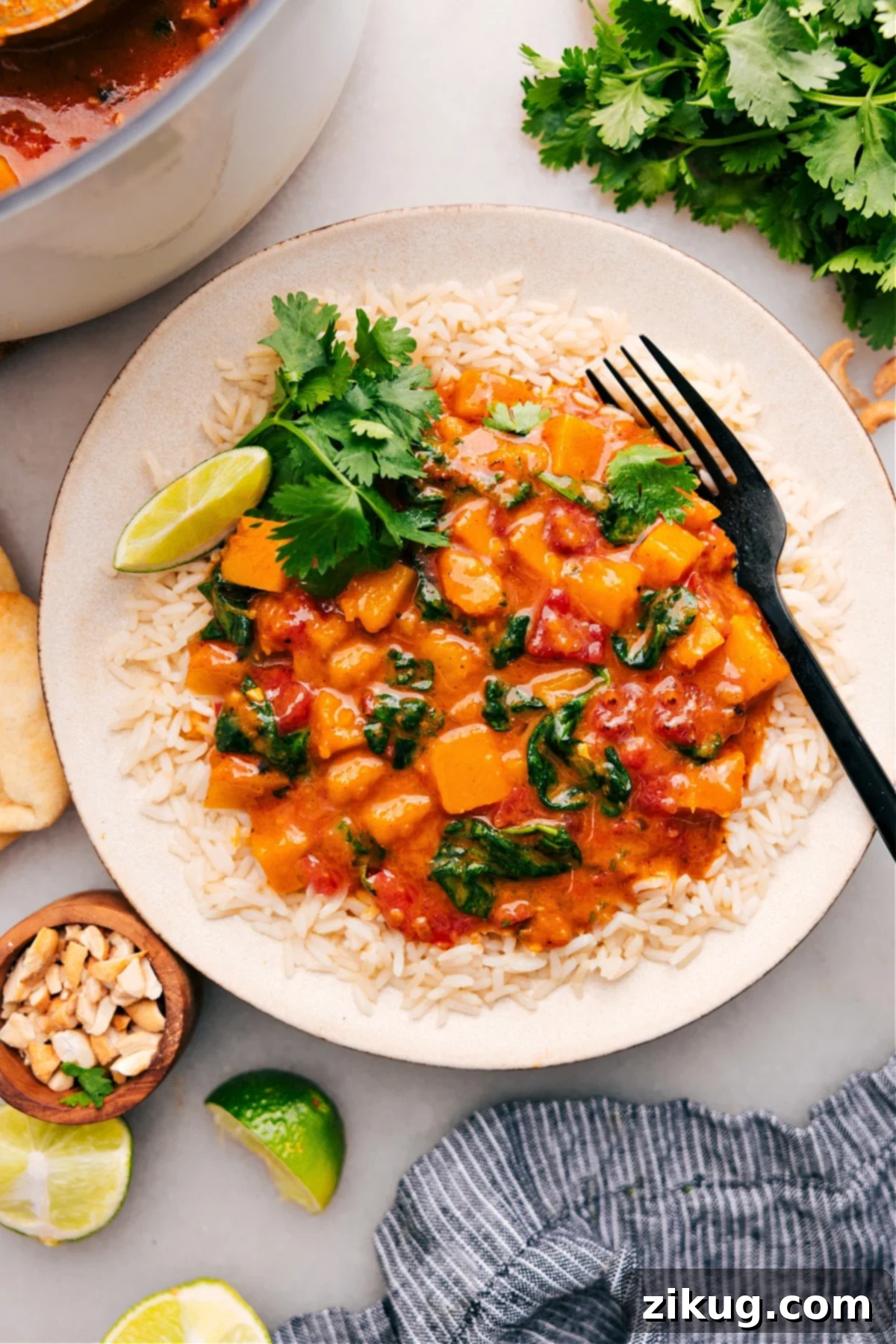The Best Butternut Squash Curry Recipe Butternut squash curry served over rice, garnished with fresh cilantro and a lime wedge.