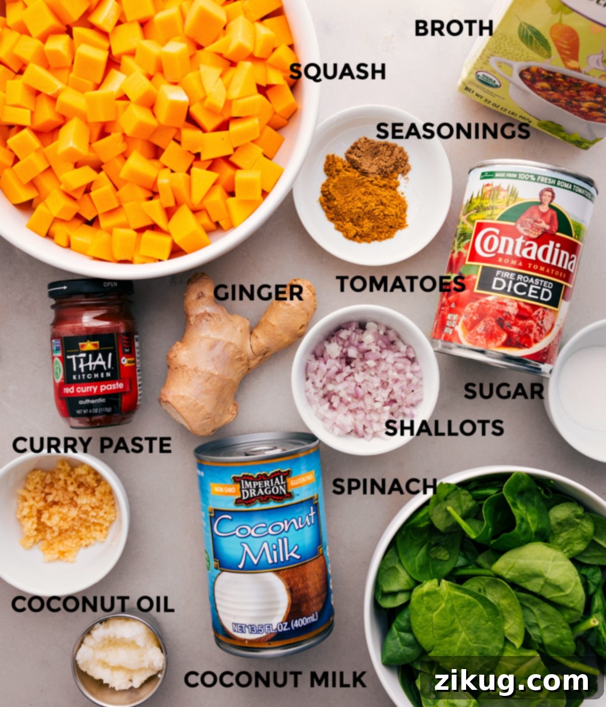 Ingredients In Butternut Squash Curry A flat lay photograph showing all the fresh ingredients for butternut squash curry laid out, including diced squash, ginger, garlic, shallots, canned tomatoes, coconut milk, broth, spinach, and various spices.