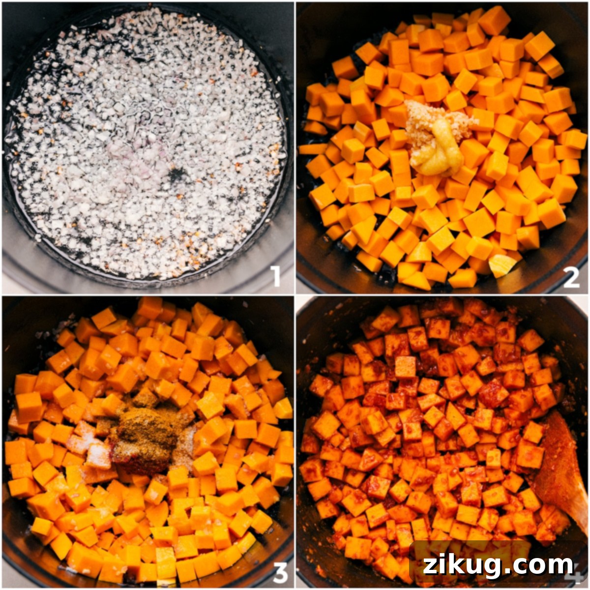 How To Make Butternut Squash Curry A step-by-step image showing shallots being sautéed, then butternut squash, garlic, ginger, seasonings, and tomatoes added to a large pot for the curry base.