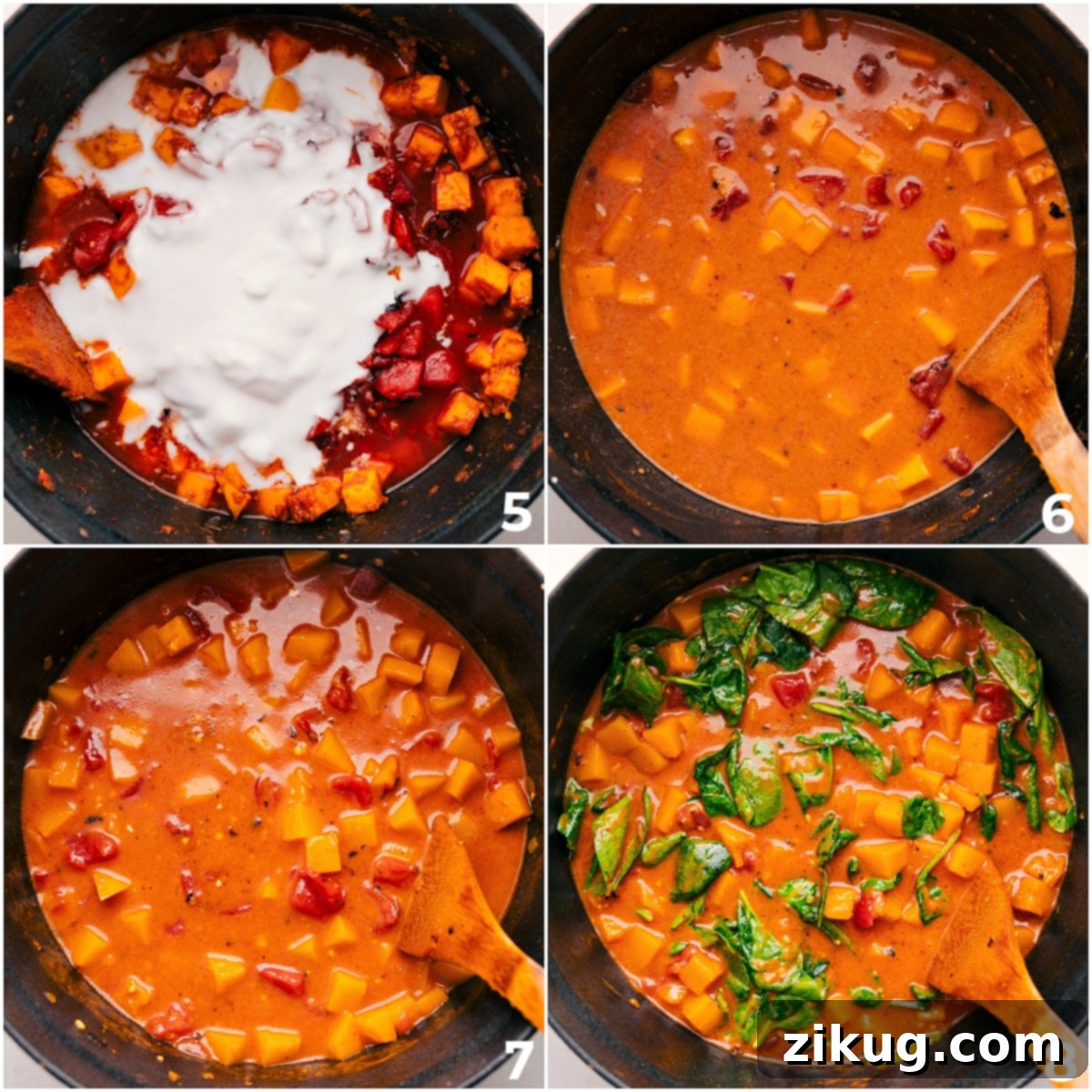One Pot Butternut Squash Curry Being Made The cooking process of butternut squash curry, showing coconut milk, diced tomatoes, and vegetable broth added to the pot, simmering before stirring in fresh spinach.