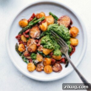 Finished plate of One Pan Sausage Pesto and Veggies