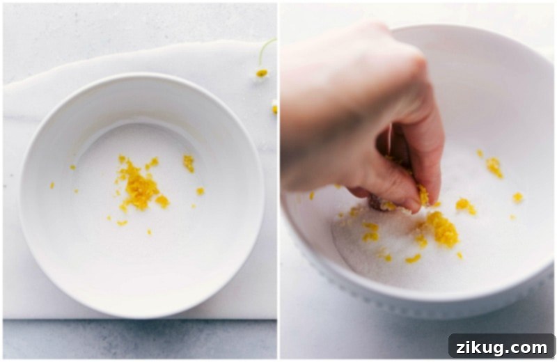 Adding Lemon Zest and Dry Ingredients to Bowl for Dessert Recipe Lemon zest and other dry ingredients being added to a bowl for this recipe.