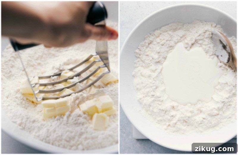 Preparing Strawberry Shortcake Dough Butter being cut into flour and wet ingredients added to the dry mix for the strawberry shortcake recipe.