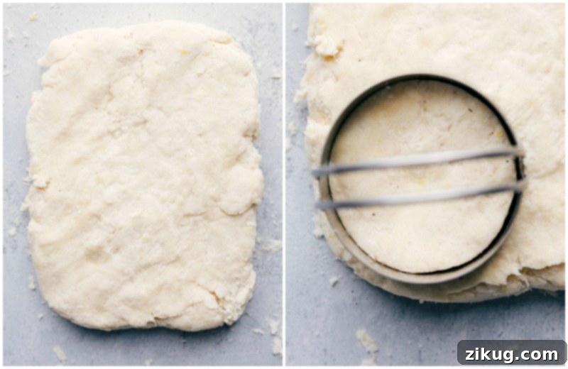 Cutting Dough for Strawberry Shortcake Biscuits Dough cutter making a perfect circle in the dough for a precisely shaped biscuit.